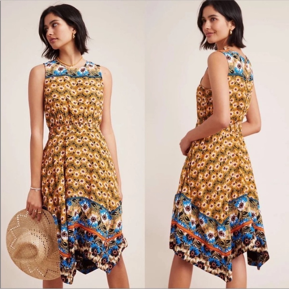 Maeve Anthropology floral Imogen mini daisy Handkerchief sleeveless dress size L